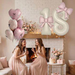 GeeParty ลูกโป่งฟอยล์ตัวเลข สีครีม พร้อมโบว์ ลูกโป่งหัวใจเรโทร 16 ชิ้น ตกแต่งวันเกิด ชุดปาร์ตี้วันเกิด ถ่ายรูปสวย