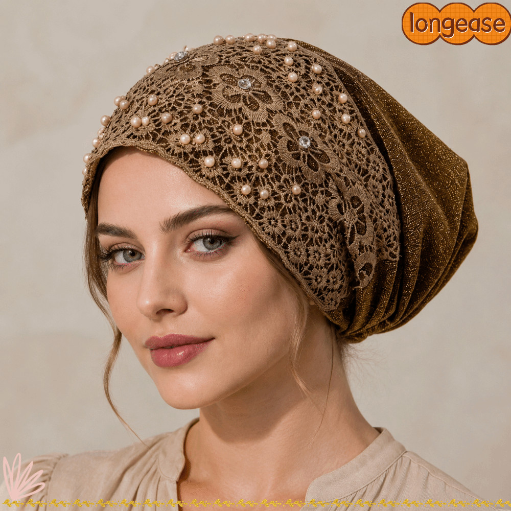 LONGE มุสลิม Headscarf หมวก, เย็บปักถักร้อยลูกไม้ Trim ผู้หญิงลูกไม้ Turban หมวก, Elegant ดอกไม้รูปแบบ Bonnet Head Wraps ผู้หญิง
