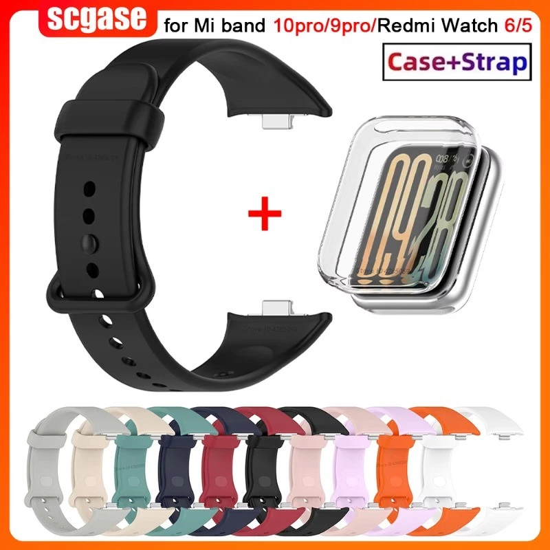สายซิลิโคนสําหรับ Xiaomi Mi Band 10 pro/9 pro/8 pro Soft TPU คลุมทั้งหมดป้องกันกรณีสําหรับ Redmi Watch 6/5/4 สายรัดข้อมือ + กรณี