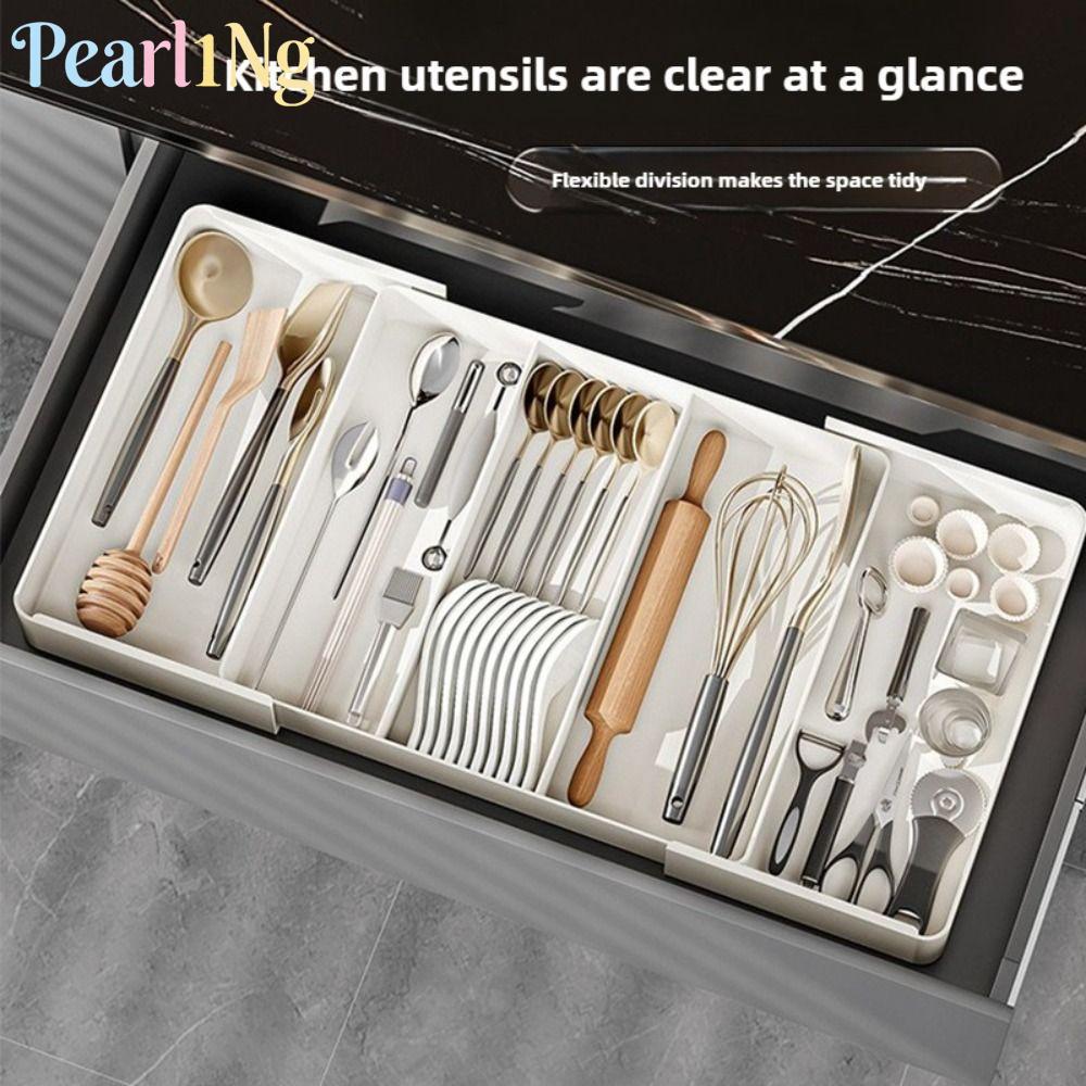 PEARLTH ที่เก็บลิ้นชัก, กล่องเก็บเครื่องครัวอเนกประสงค์แบบปรับได้, เครื่องใช้บนโต๊ะอาหารพลาสติกขยายได้คุณภาพสูงที่ใส่ช้อนส้อมถาดลิ้นชัก Divider