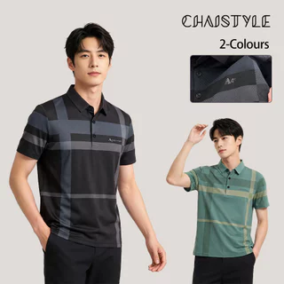 Chaistyle ผู้ชายเสื้อโปโล ระบายอากาศได้ดี ความรู้สึกเย็น คอพับ แขนสั้น ชุดคุณพ่อวัยกลางคน ลวดลายตัวอักษรเพชร หลวม