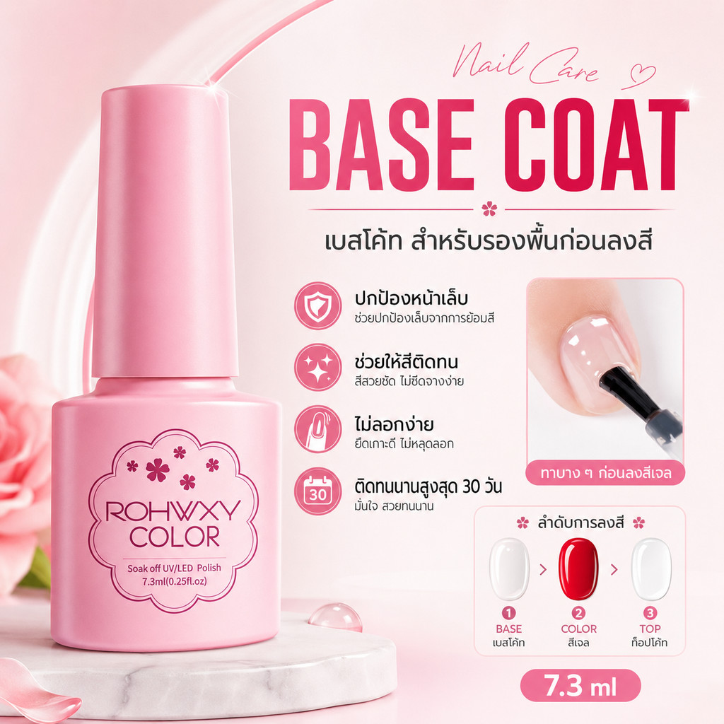 ROHWXY BASE Coat (เคลือบสีเล็บเจล) UV LED Gel Polish Soak Off สีทาเล็บเจล ต้องอบ พร้อมส่ง (7.3ML)