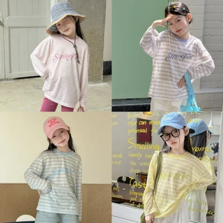 PRETTY BABY เสื้อแขนยาวเด็ก เสื้อยืดตอกลม ทรงโอเวอร์ไซส์ ลายขวาง (2337)
