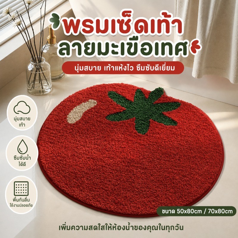 พรมเช็ดเท้า ห้องน้ำ ลายมะเขือเทศ พรมปูพื้น หนานุ่ม ซับน้ำ แห้งเร็ว กันลื่น ซักเครื่องได้