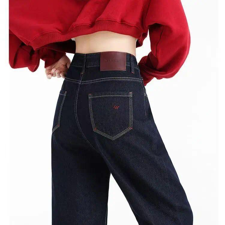 DK JEANS กางเกงยีนส์ ขากว้าง สีน้ำเงินเข้ม สไตล์อเมริกันสำหรับผู้หญิง รุ่นใหม่ เอวสูง ทรงหลวม สบายๆ ป้ายน้ำตาลสุดเก๋