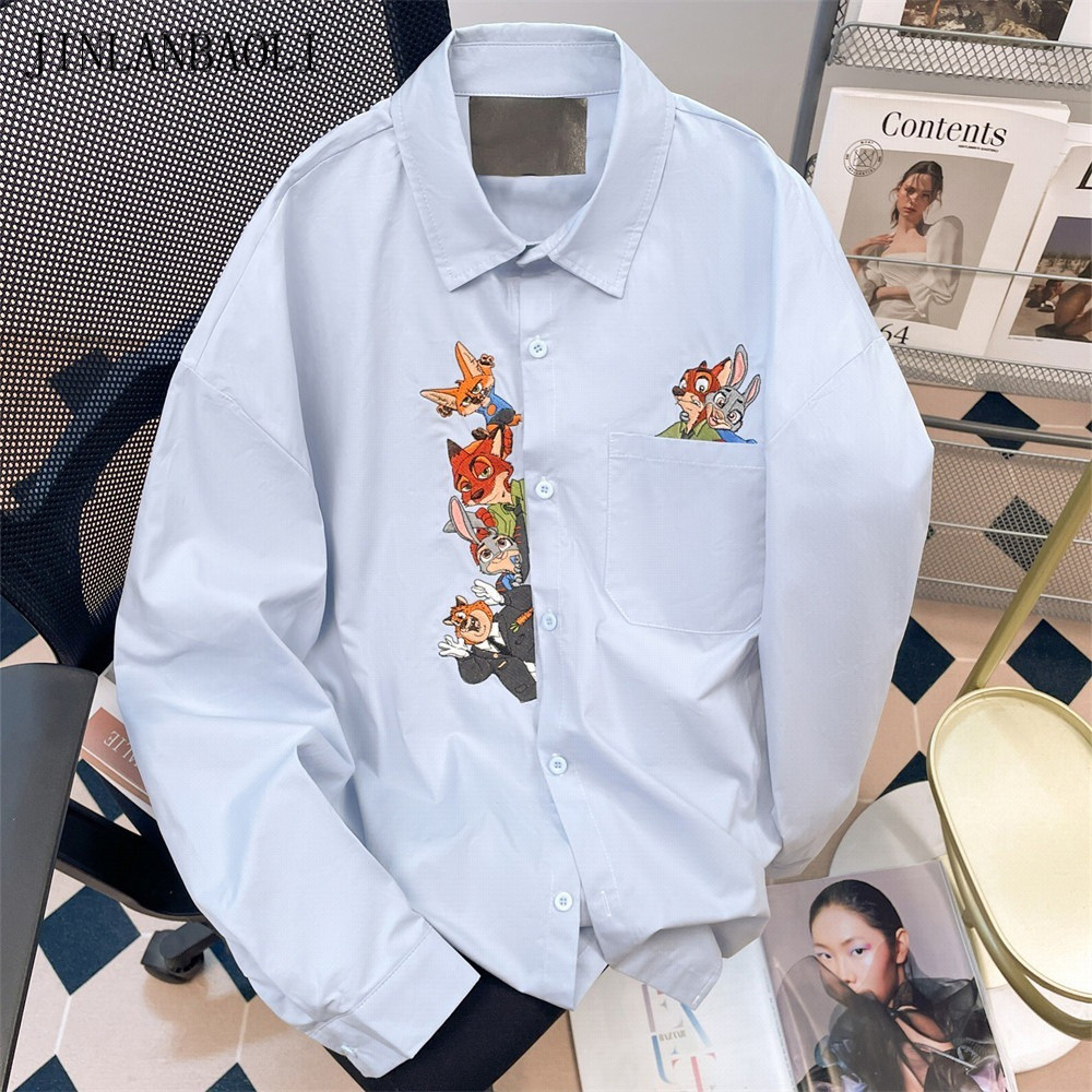 [จินหลานเปาลี] เสื้อเชิ้ตแขนยาวลําลองปักลายการ์ตูนที่สร้างสรรค์และสนุก