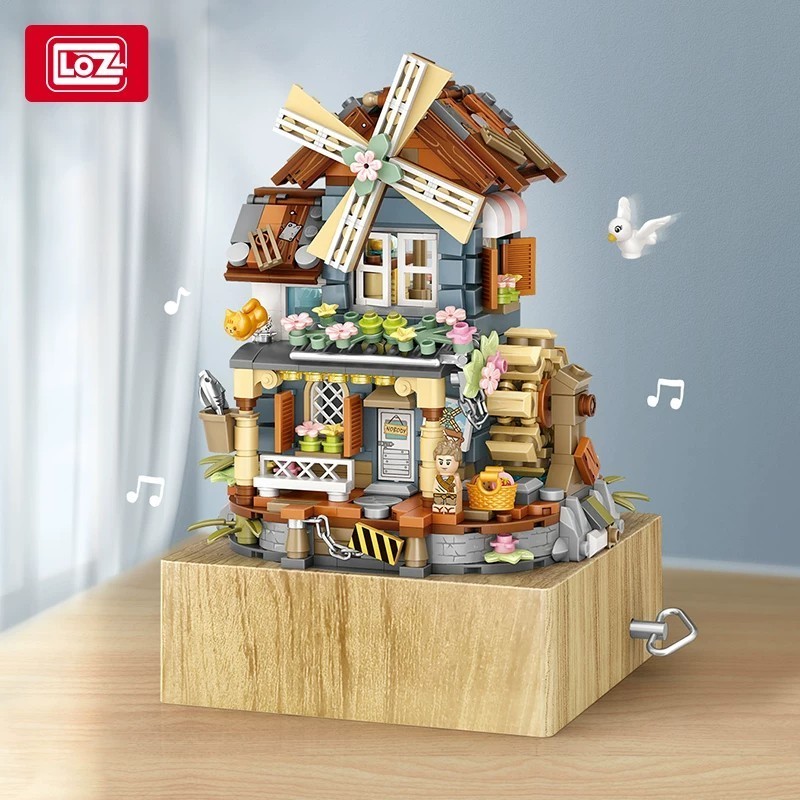 Loz Building Blocks Windmill House Music Box Building Model ประกอบของเล่นตกแต่ง