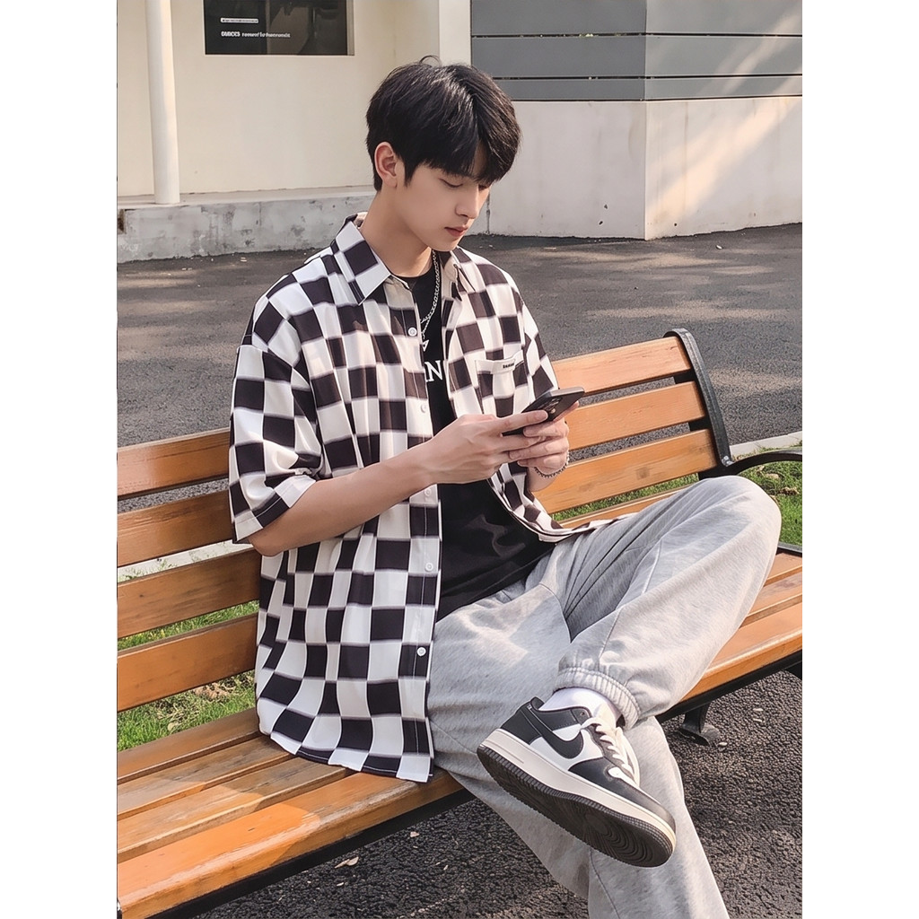 🍂 CTA190เสื้อเชิ้ตคอปกแขนยาว ลายตารางหมากรุก จะใส่คลุมก็เท่ ใส่ติดกระดุมก็ดูดี มีเสน่ห์ ดีไซน์เรียบเ