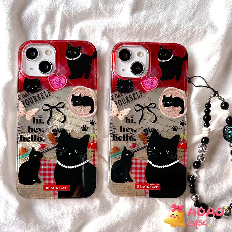 เคสไอโฟน17 สำหรับ iPhone 11 16 13 15 12 14 Pro Max 8 16 7 14 15 Plus XR XS MAX X SE 2020 สร้อยข้อมือแมวสีดำหวาน