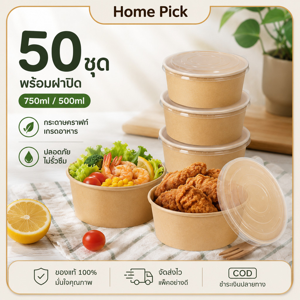 50pcs ชามกระดาษคราฟท์ ถ้วยอาหารพร้อมฝา PET 500ml 750ml กล่องอาหารเดลิเวอรี่ ชามสลัด Food Grade