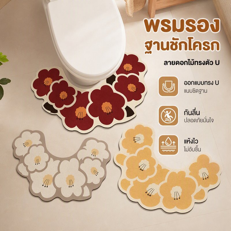 พรมห้องน้ำ หินไดอะตอมไมท์ รูปตัวยู ลายดอกไม้ กันลื่น ดูดซับน้ำ แห้งไว ซิลิก้าเจล