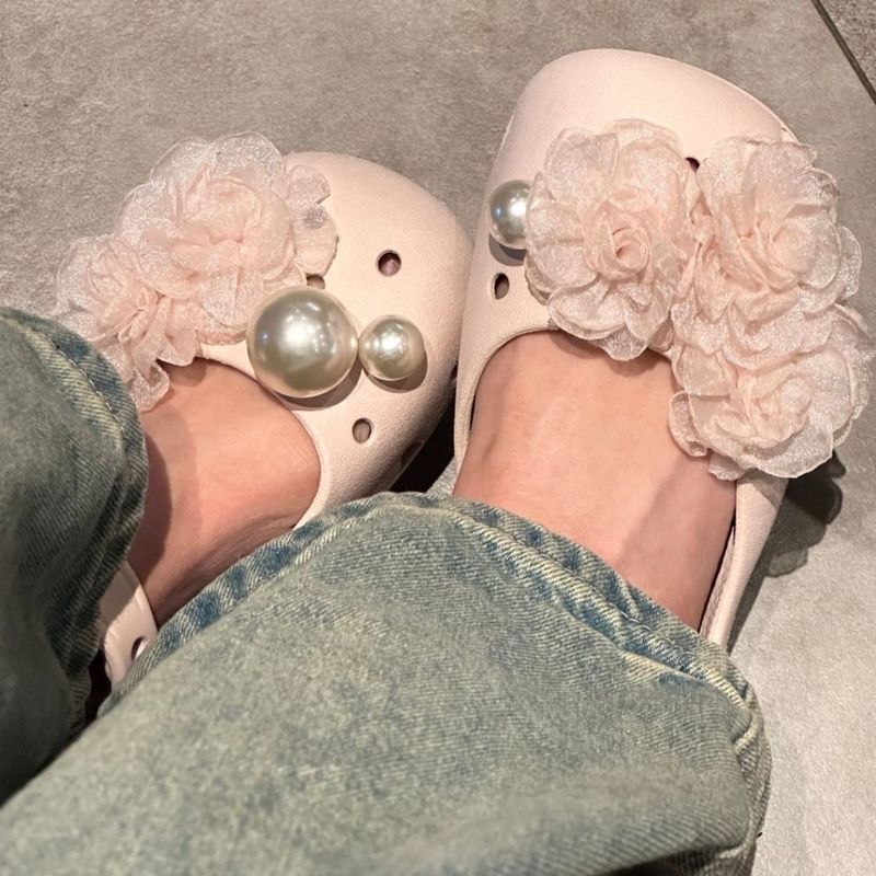 < Girls Rose Garden} Hole Shoes Accessories Organza Pearl Camellia Shoes Flower All-Match Ballet Buc