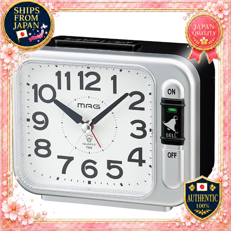 MAG Alarm Clock Analog Silent Continuous Second Hand Bell Sound Snooze Light Silver 11.7cm x 14.0cm 