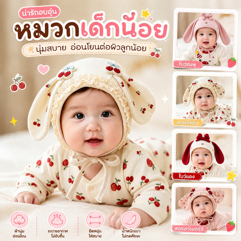 หมวกเด็กแรกเกิด หมวกเด็กหูกระต่าย หมวกป้องกันหู ผ้านิ่มใส่สบาย สายรัดปรับได้ ลายเชอร์รี่น่ารัก