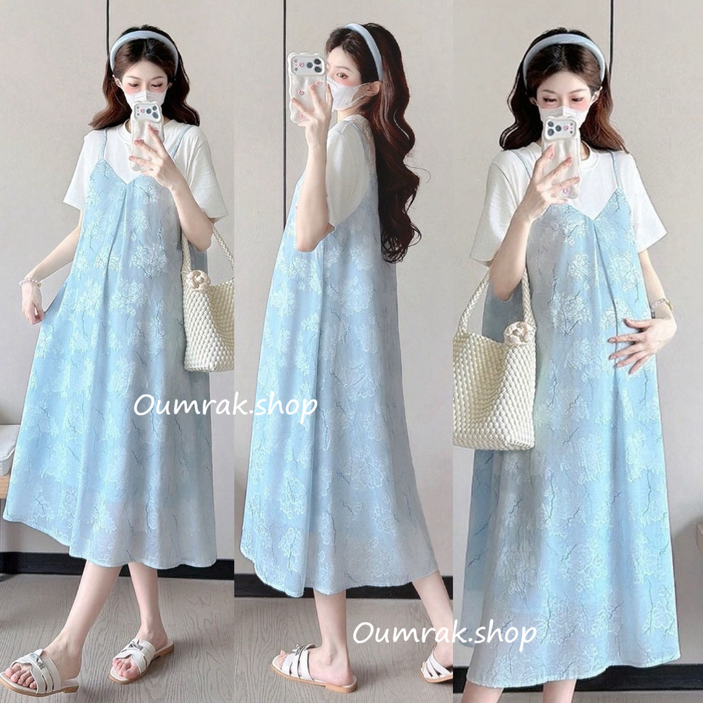 AA4791 (ส่งด่วน/ส่งทันที) เดรสแฟชั่น ด้านบนเป็นผ้ายืดเย็บติดตัวเอี๊ยมเป็นผ้าชีฟองพิมพ์ลาย ฉลุดอกไม้ มีซับใน (งานแฟชั่น)