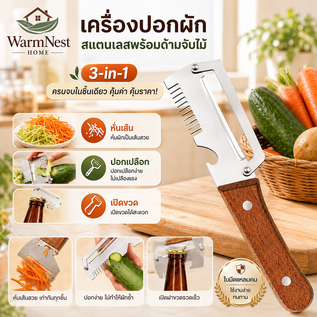 มีดซอยต้นหอม/พริก 3in1 สแตนเลส304 พร้อมที่ปอกผักผลไม้ ที่เปิดขวด ด้ามไม้แข็งแรง อุปกรณ์ครัวอเนกประสงค์ พกพาง่าย