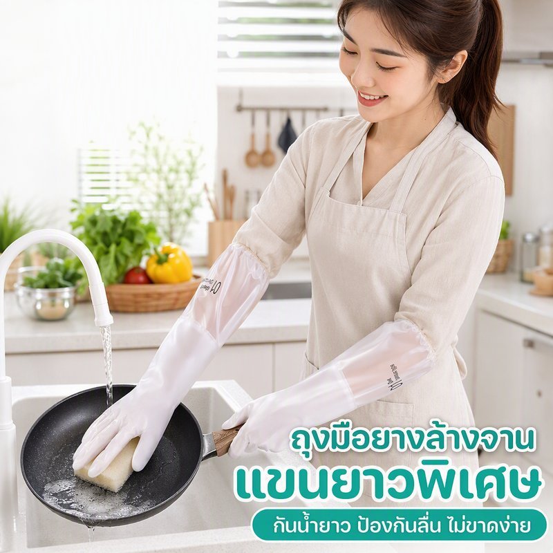 ถุงมือยางล้างจาน กันน้ำ หนา ทนทาน กันลื่น ยาวถึงแขน ใช้ซักผ้า ทำความสะอาด งานบ้าน 1คู่