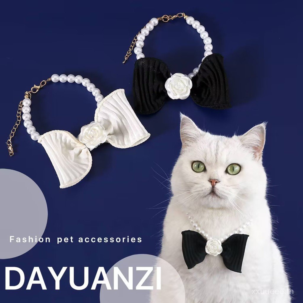 2024 Pet Pearl Bow Collar Chanel Style Mountain Flower Gauze Bow Tie Cat Dog Princess Necklace Acces