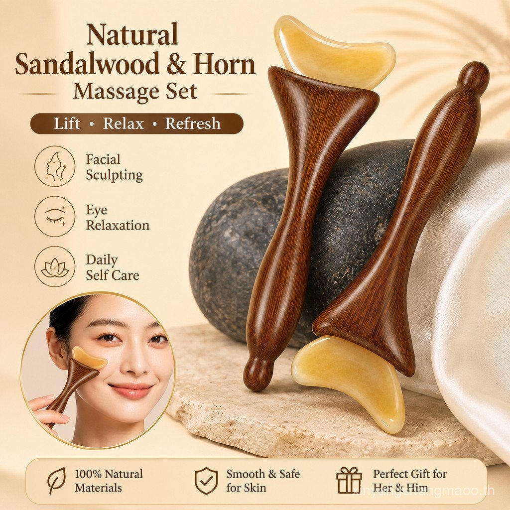 ไม้นวดฮอร์นไม้จันทน์ Gua Sha เครื่องมือ Face Eye Area หนังศีรษะหัวคอ Full Body Acupressure นวด