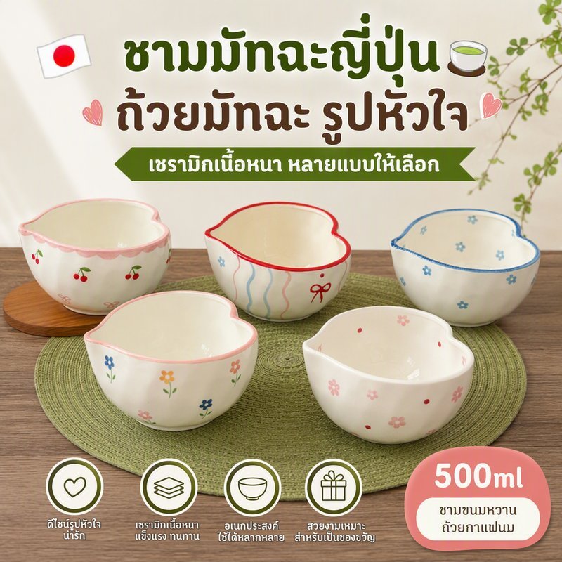 ชามมัทฉะญี่ปุ่น🍵 ถ้วยมัทฉะ รูปหัวใจ 500ml เซรามิกเนื้อหนา หลายแบบให้เลือก ชามขนมหวานถ้วยกาแฟนม