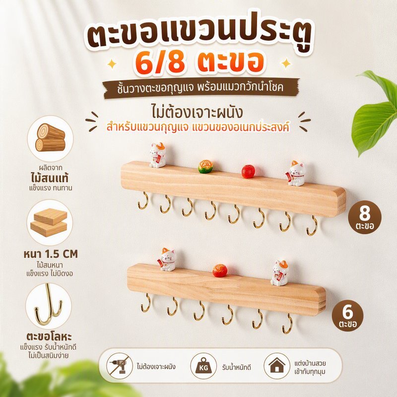 ตะขอแขวนประตู 6/8 ตะขอ ชั้นวางตะขอกุญแจ พร้อมแมวกวักนำโชค ไม่ต้องเจาะผนัง สำหรับแขวนกุญแจ แขวนของอเนกประสงค์