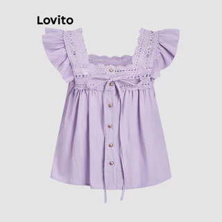 Lovito วันหยุด เสื้อเบลาส์ สีพื้น คอระบาย สไตล์ สำหรับผู้หญิง L121MD622