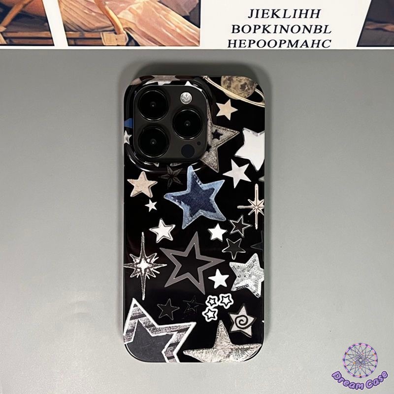 เคสสีเงาเคลือบ ลายดาวเต็มตัว สีดำ สไตล์มินิมอล อ่อนนุ่มสำหรับ IPhone 17 11 12 13 14 16 15 Pro Max 7 16 8 Plus XS Max XR
