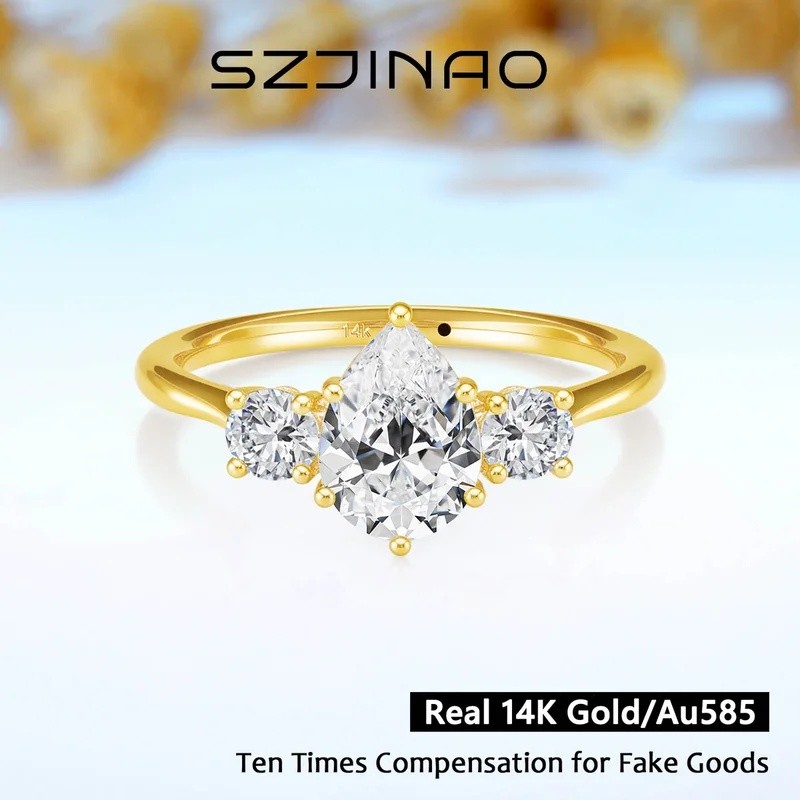 IBUJ 14k Gold Full Moissanite แหวนเพชรสําหรับผู้หญิงทรงหยดน้ํา D VVS1 Bright Cut ของแท้ Au585 สําหรั