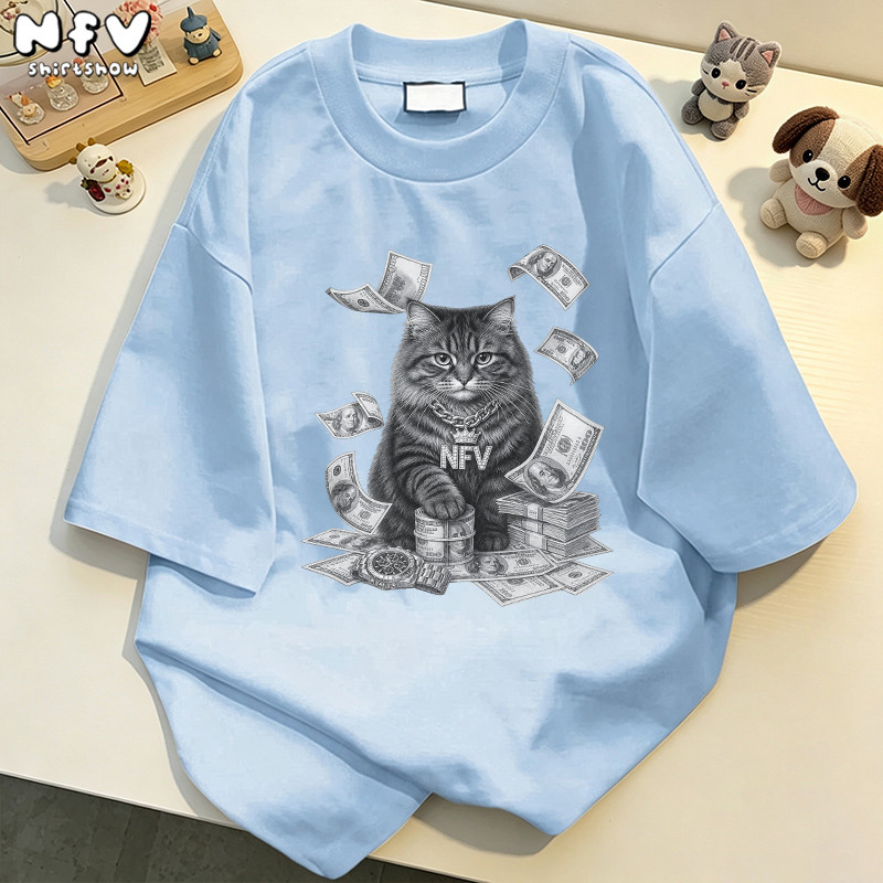 【จัดส่งตลอด 24 ชั่วโมง】NFV ใหม่ล่าสุด แฟชั่นเกาหลี เสื้อยืดเปล่า ลายแมวน่ารัก ผ้าฝ้าย 100% YG2811