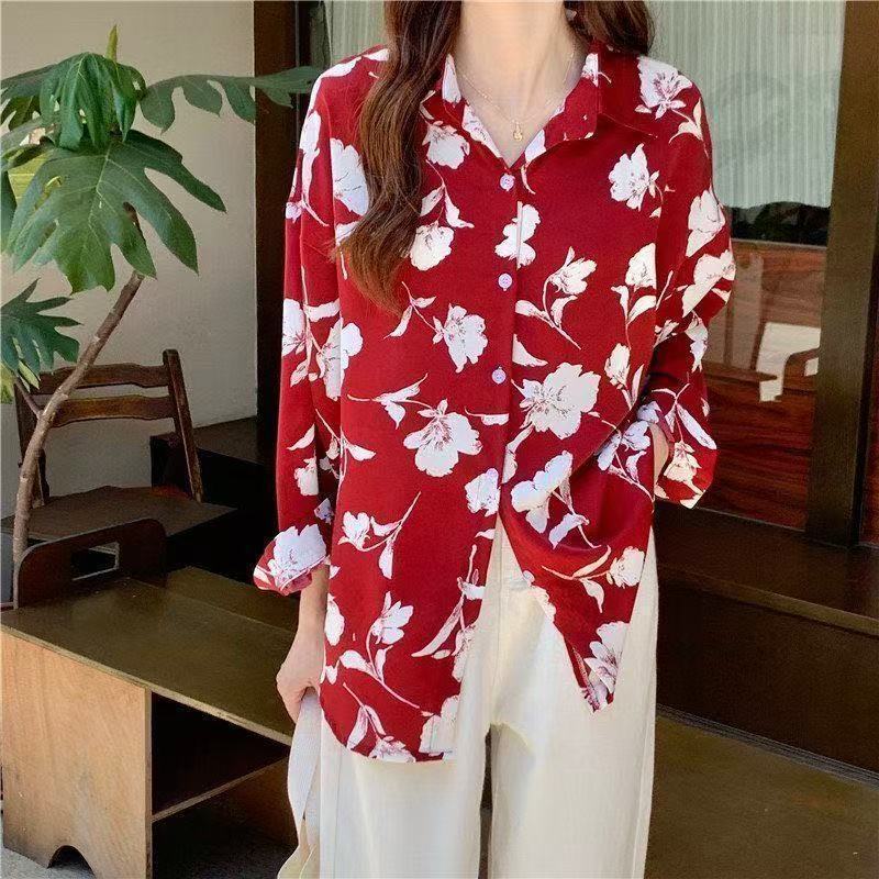 港风花碎花印花衬衫港味复古春秋新款设计感小众长袖宽松衬衣' 上衣Hong Kong Style Retro Kong Style Oil Painting Printed Short Sleeved 
