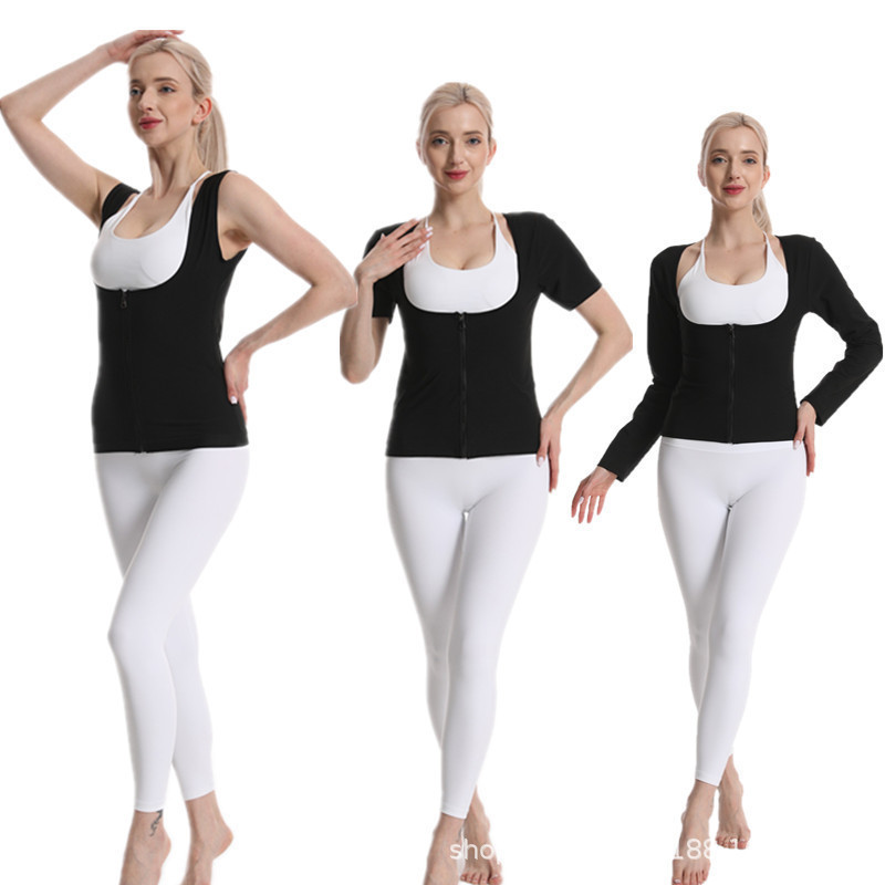 สุภาพสตรีกีฬาเหงื่อ Shapewear ฟิตเนสวิ่งเสื้อกั๊กแขนสั้น Body Corset แน่นซิปรัดตัวแขนยาว U9Y1