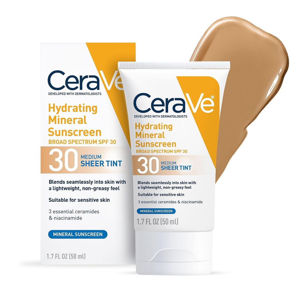 CeraVe Moisturizing Mineral Sunscreen SPF30 ครีมกันแดดแร่สีพร้อมโทนสีโปร่งใส, สังกะสีออกไซด์และไทเทเนียมไดออกไซด์, ฟิวชั่นไม่มีรอยต่อ, นําเสนอ Healthy Luster, ปานกลาง, 1.7 ออนซ์เหลว