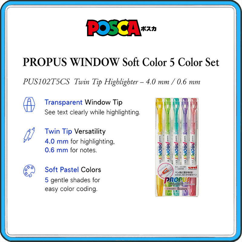uni Mitsubishi Pencil PROPUS WINDOW Soft Highlighter, Twin Tip 4.0mm/0.6mm, Pastel Colors, 5 Color S