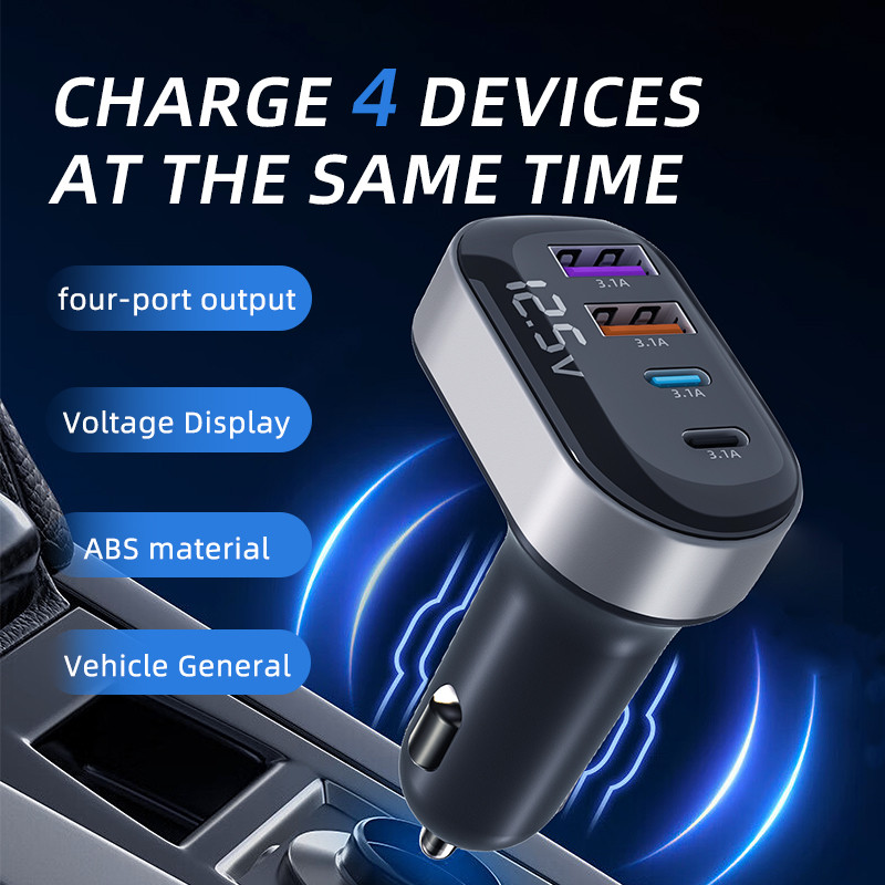 ที่ชาร์จในรถยนต์ 4 พอร์ต 3.1A USB C USB A โวลต์มิเตอร์ 12V 24V Universal