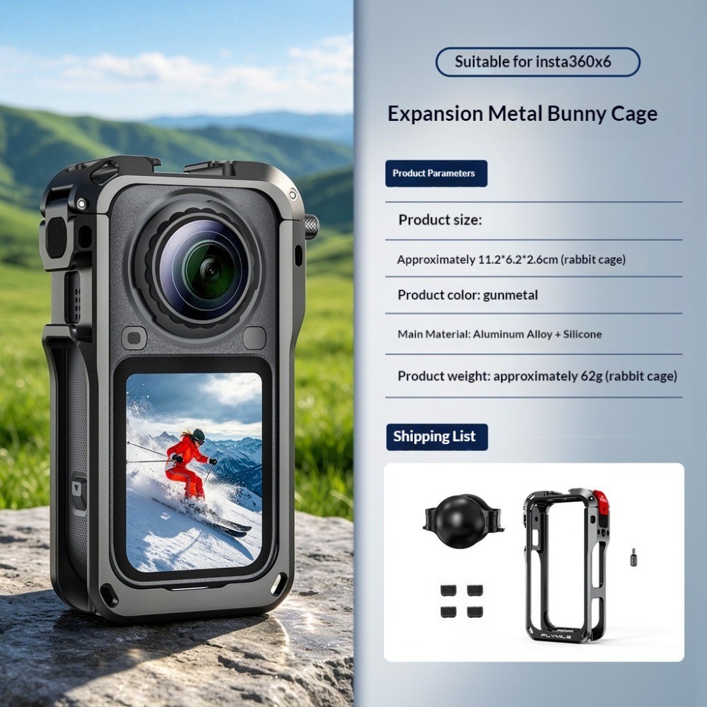 FLYMILE กรงกระต่ายกีฬากล้องกรอบป้องกันสําหรับ Insta360 X6 เคสป้องกันกรอบสําหรับ Insta360 X6 อุปกรณ์เสริม