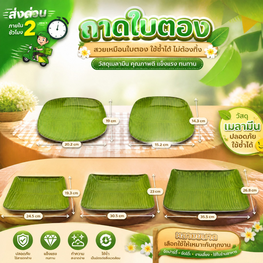 จานใบตอง ถาดใบตอง เมลามีน มีให้เหลือก5ขนาด