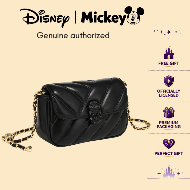 Disney Mickey Transfer Bead Messenger Bag Female PU Leather Black Simple Commuter Bag สายสะพายไหล่ปรับได้