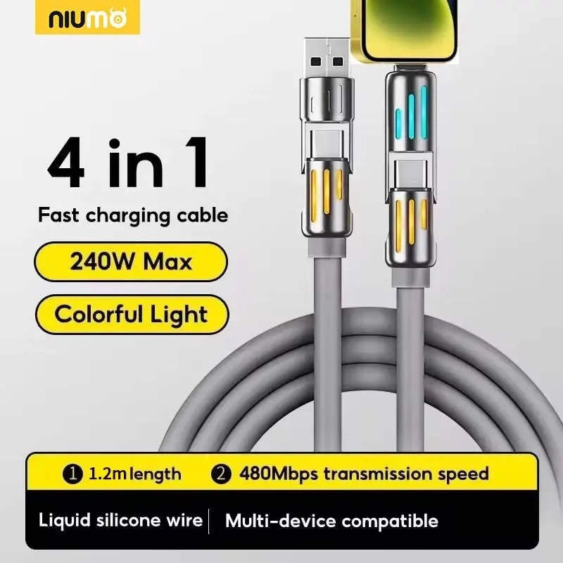 NIUMO - สายชาร์จ USB Type C ฟังก์ชั่น 4-in-1 ชาร์จเร็วสูงสุด 240W ทําจากซิลิโคนเหลวและอลูมิเนียมอัลล
