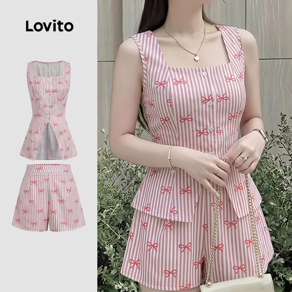 (New Arrival) Lovito เสื้อหรือกางเกงสไตล์โบฮีเมียนลายโบว์ สําหรับฤดูใบไม้ผลิ/ฤดูร้อนของผู้หญิง LK7ED871