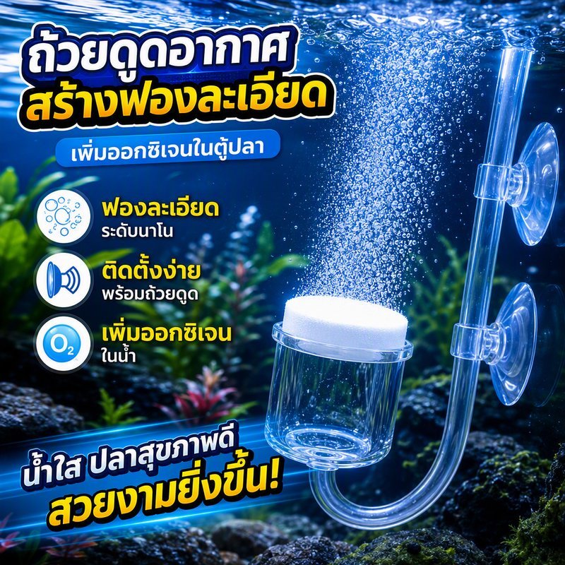 หินฟองอากาศนาโน ตู้ปลา ฟองละเอียด เซรามิก ทนทาน พร้อมถ้วยดูด 25 35mm ใช้กับปั๊มลม