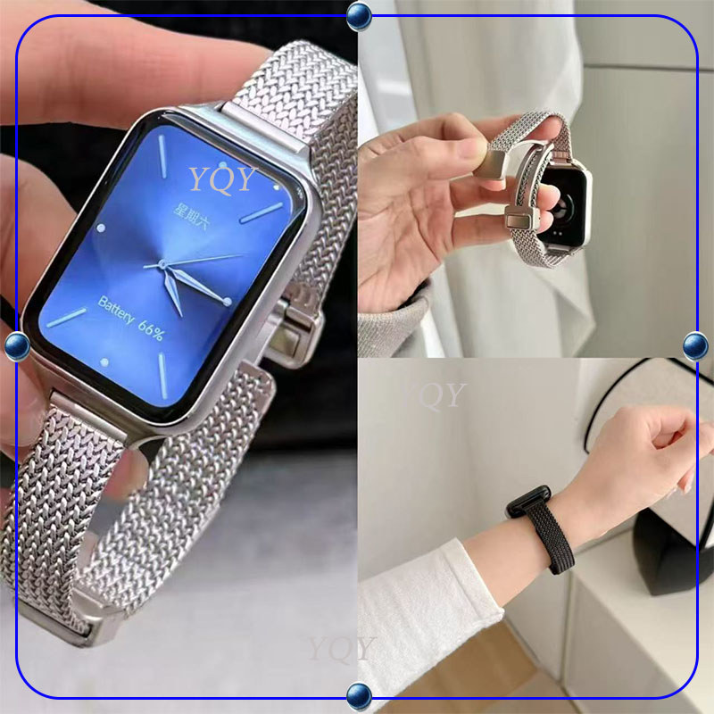 ใช้ได้กับ Redmi Watch 4/5/6 Xiaomi Band 8/9/10 Pro สายรัดหัวเข็มขัดพับแม่เหล็กตาข่ายก้างปลาสแตนเลสสําหรับสายรัดข้อมือ