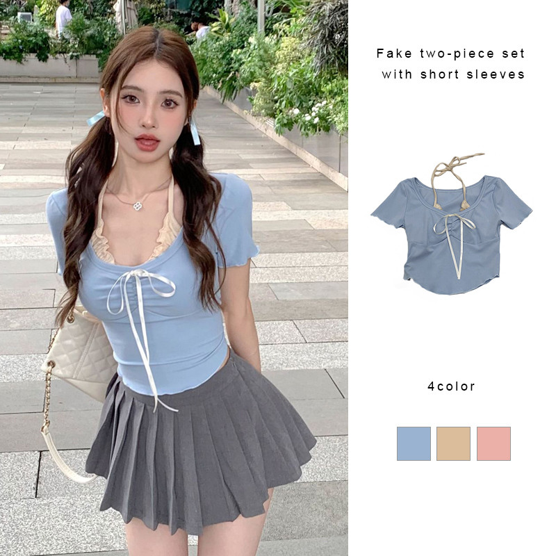 เสื้อยืดแขนสั้นสองชิ้นปลอมสำหรับผู้หญิง ทรงเข้ารูป คอระบาย JD