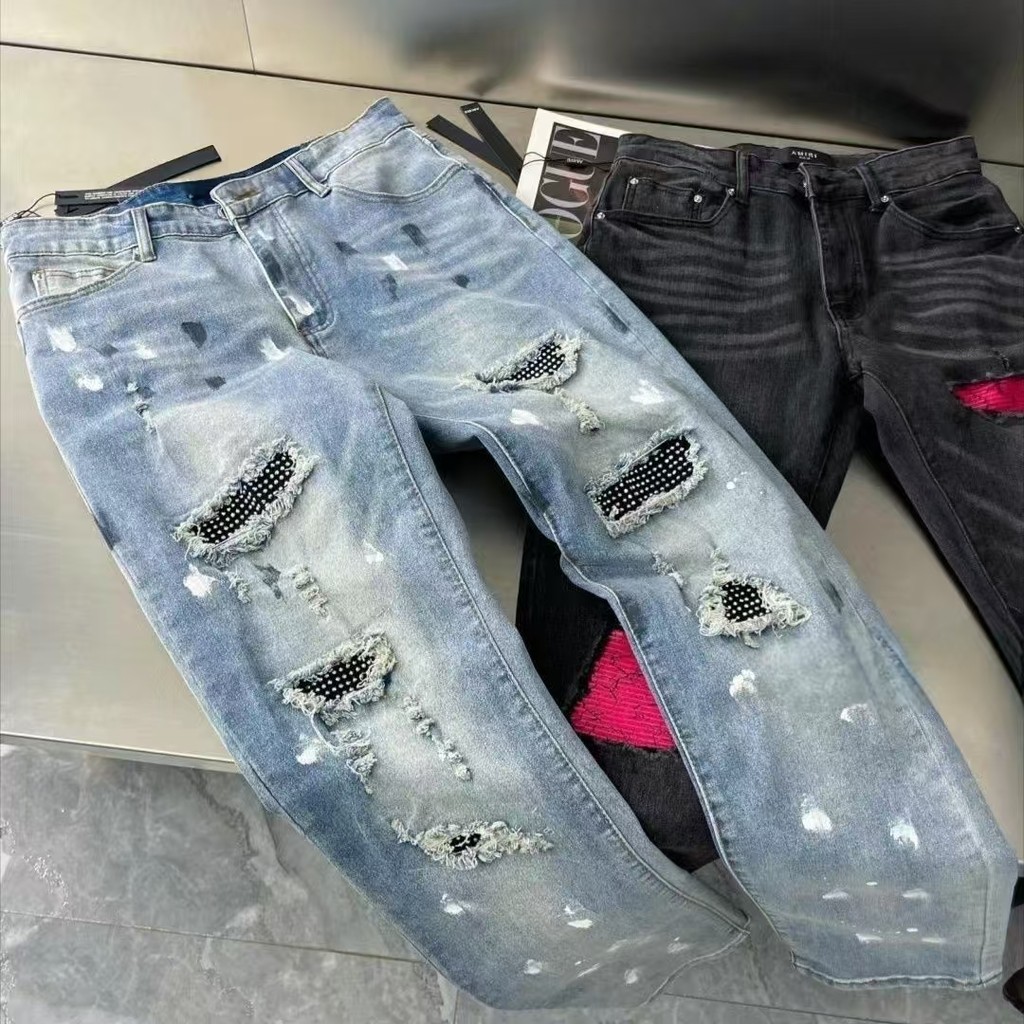 Heavy Industry Hot เจาะขาตรง Splashing Ink กางเกงยีนส์ผู้ชายผู้หญิง Influencer Street Wear Ripped Hi