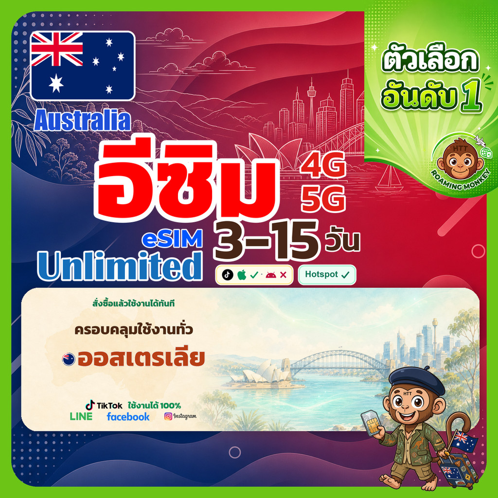 esim ออสเตรเลีย 3-15 วัน จัดส่งอัตโนมัติทันที 5G/4G สำหรับท่องเที่ยว esim Australia โดย RoamingMonkey