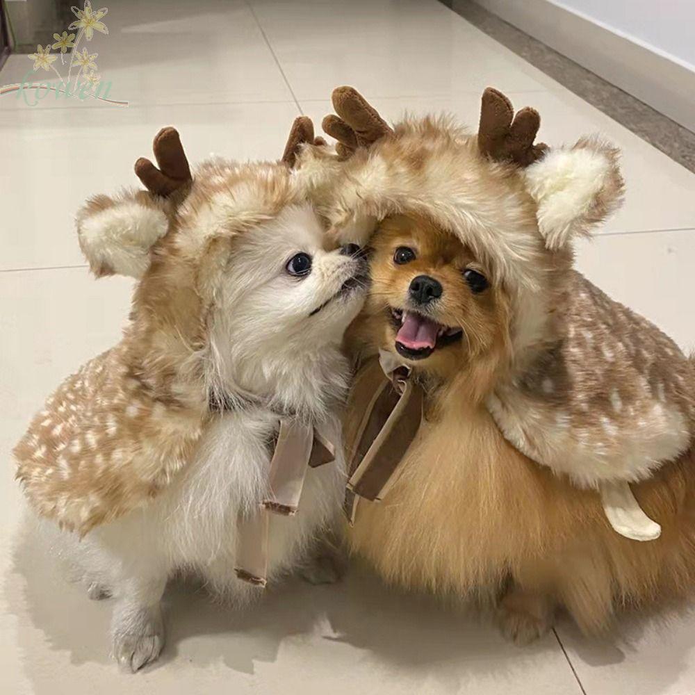 KOWEN Cat Elk Cloak, ตกแต่ง Plush Elk สุนัขผ้าคลุมไหล่, สุนัขแมวเสื้อผ้าเสื้อ Antlers หมวกนุ่มอบอุ่น