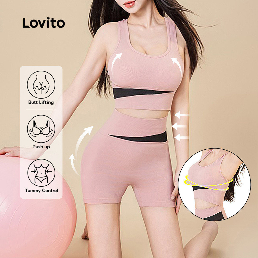 Lovito แคชชวล สปอร์ตตี้ ชุดกีฬา สีบล็อก ยกกระชับก้นด้วยท่าวิดพื้น โยคะออกกําลังกายเอวสูงกางเกงขาสั้นสปอร์ตชุดสําหรับผู้หญิง เกาหลี อินเทรนด์ LNA109027