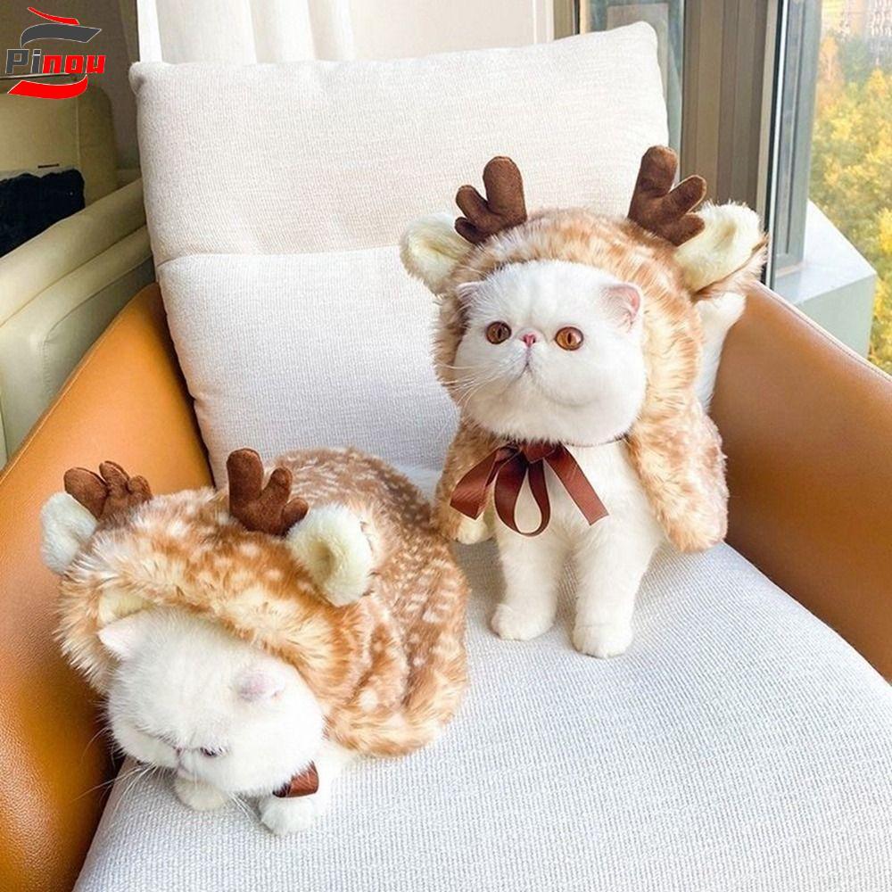 PINOU Cat Elk Cloak, ตกแต่ง Plush Elk สุนัขผ้าคลุมไหล่, เสื้อผ้าคอสเพลย์สําหรับสัตว์เลี้ยงกับ Antler