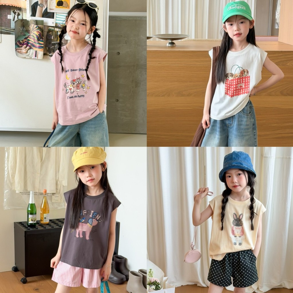 PRETTY BABY เสื้อเด็ก เสื้อกล้ามแขนกุด ทรงโอเวอร์ไซส์ ลายน้องสัตว์ (2419)