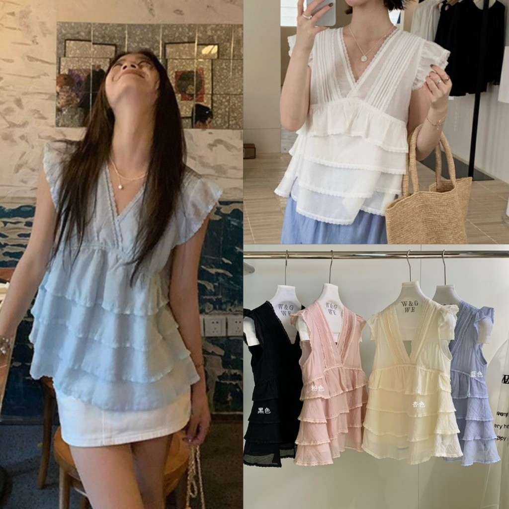 W10454 เสื้อแขนกุดดีเทลแน่นล้นตู้อีกแล้ววว! เสื้อคอวีแต่งขอบ ลูกไม้ฉลุรอบตัว แฟชั่นเกาหลี TAG WG.WE