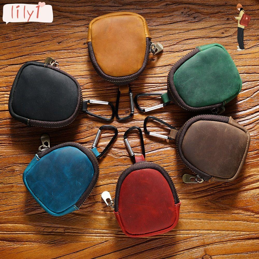 LILY Small Purses, Zipper Mini Cowhide Coin Purses, With Keyring Leather Card Bag